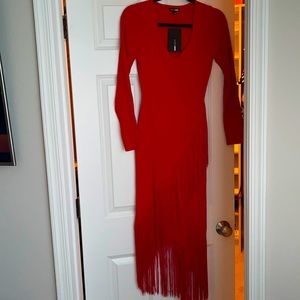 Red Fringe Midi Dress. Large
